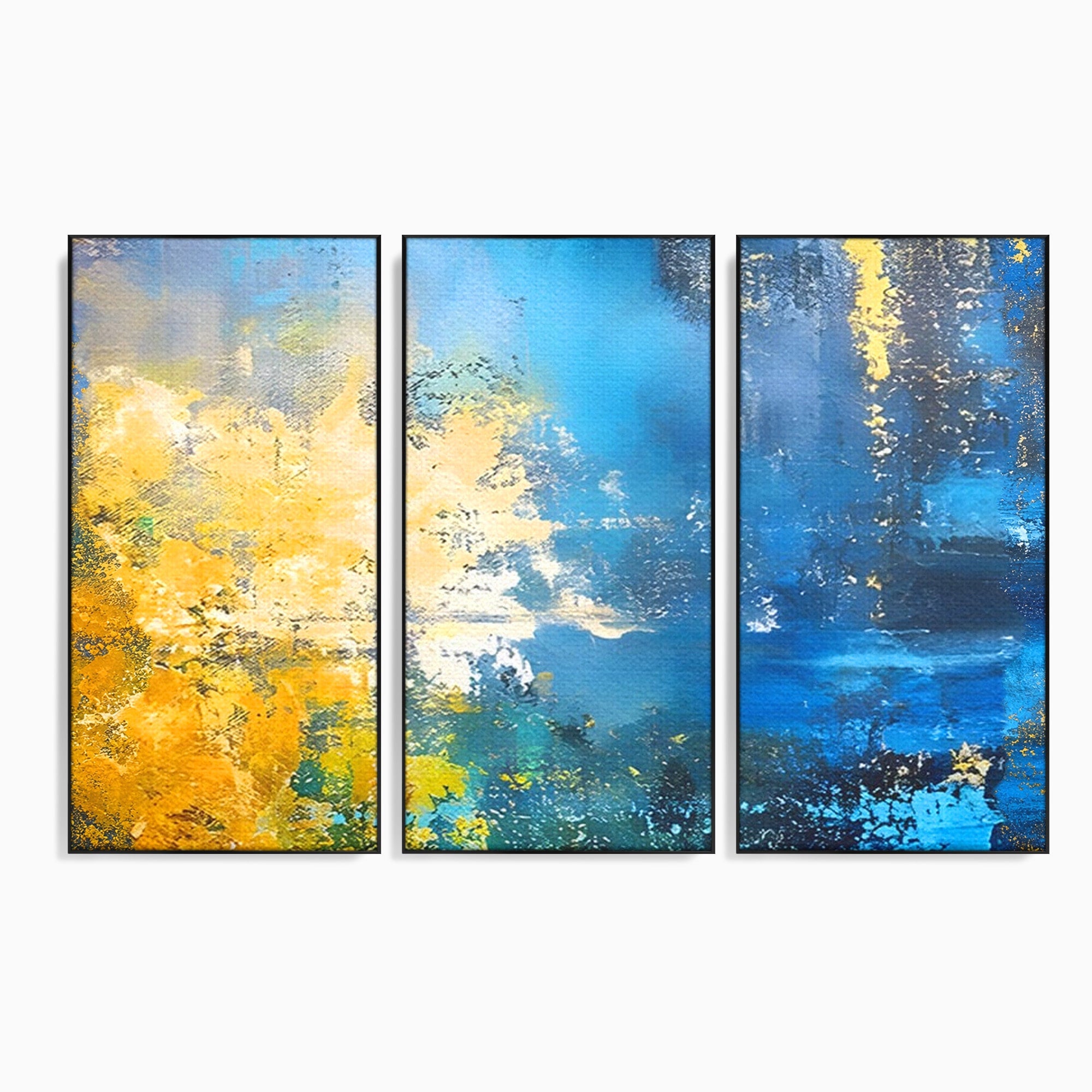 Set 3 Tablouri Canvas Premium LuxCanva® B3-1104, Mare Abstracta, Living, Liniste, Foite Aurii, Albastru, Decor, Mare, Apa, Culori Vibrante