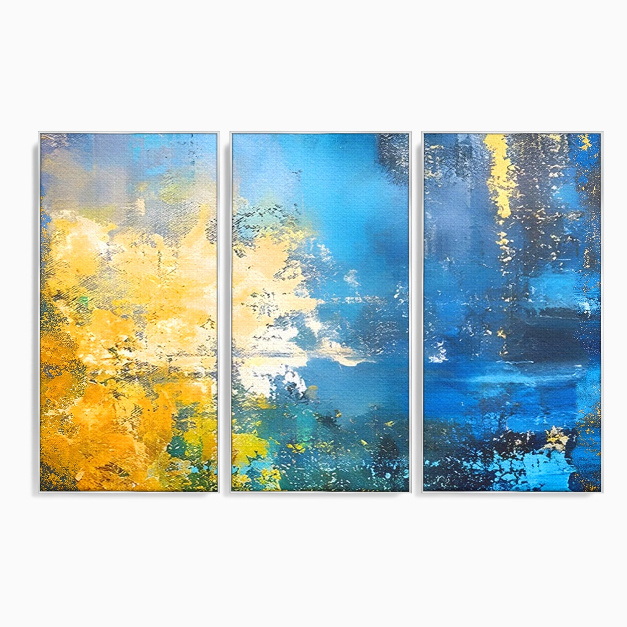 Set 3 Tablouri Canvas Premium LuxCanva® B3-1104, Mare Abstracta, Living, Liniste, Foite Aurii, Albastru, Decor, Mare, Apa, Culori Vibrante