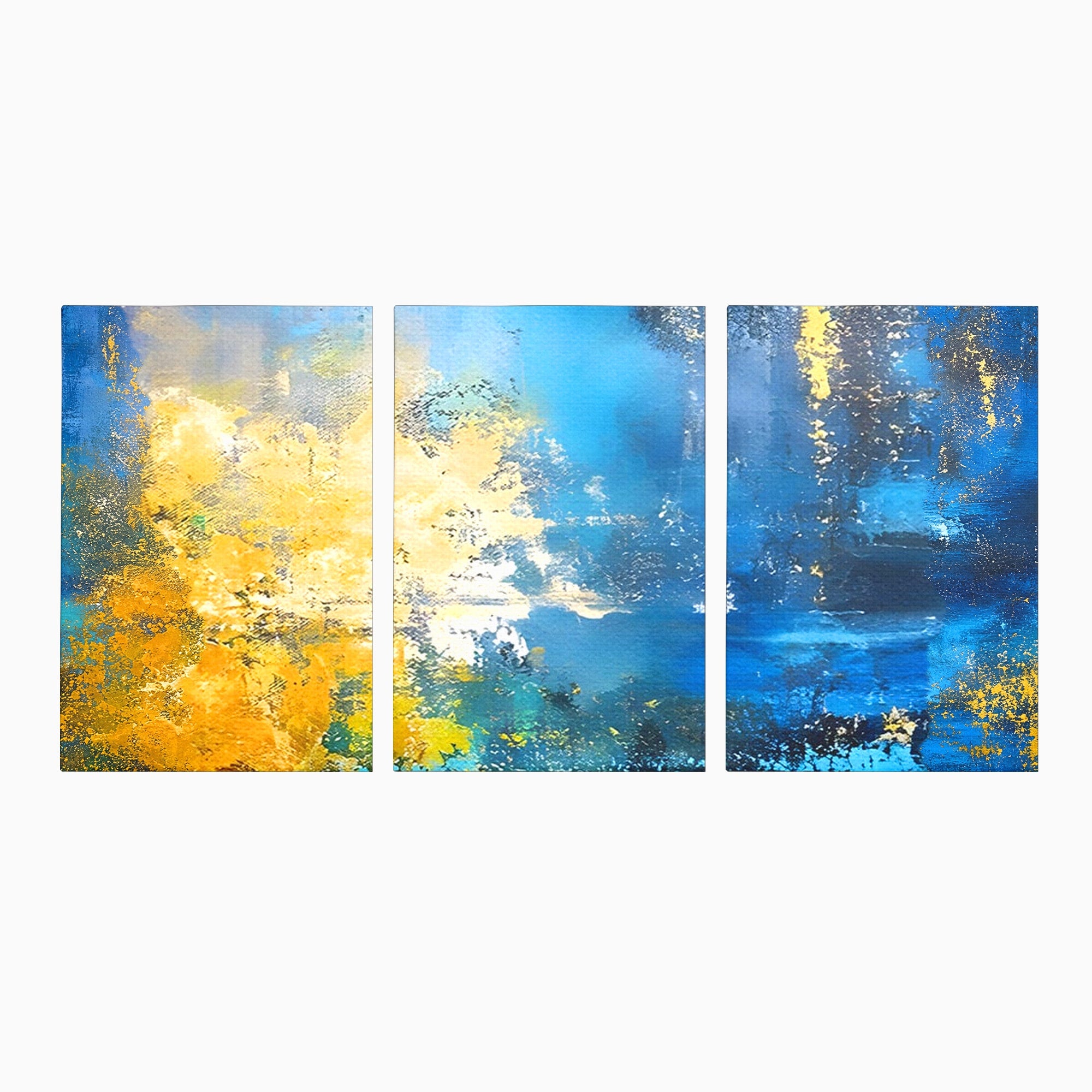 Set 3 Tablouri Canvas Premium LuxCanva® B3-1104, Mare Abstracta, Living, Liniste, Foite Aurii, Albastru, Decor, Mare, Apa, Culori Vibrante