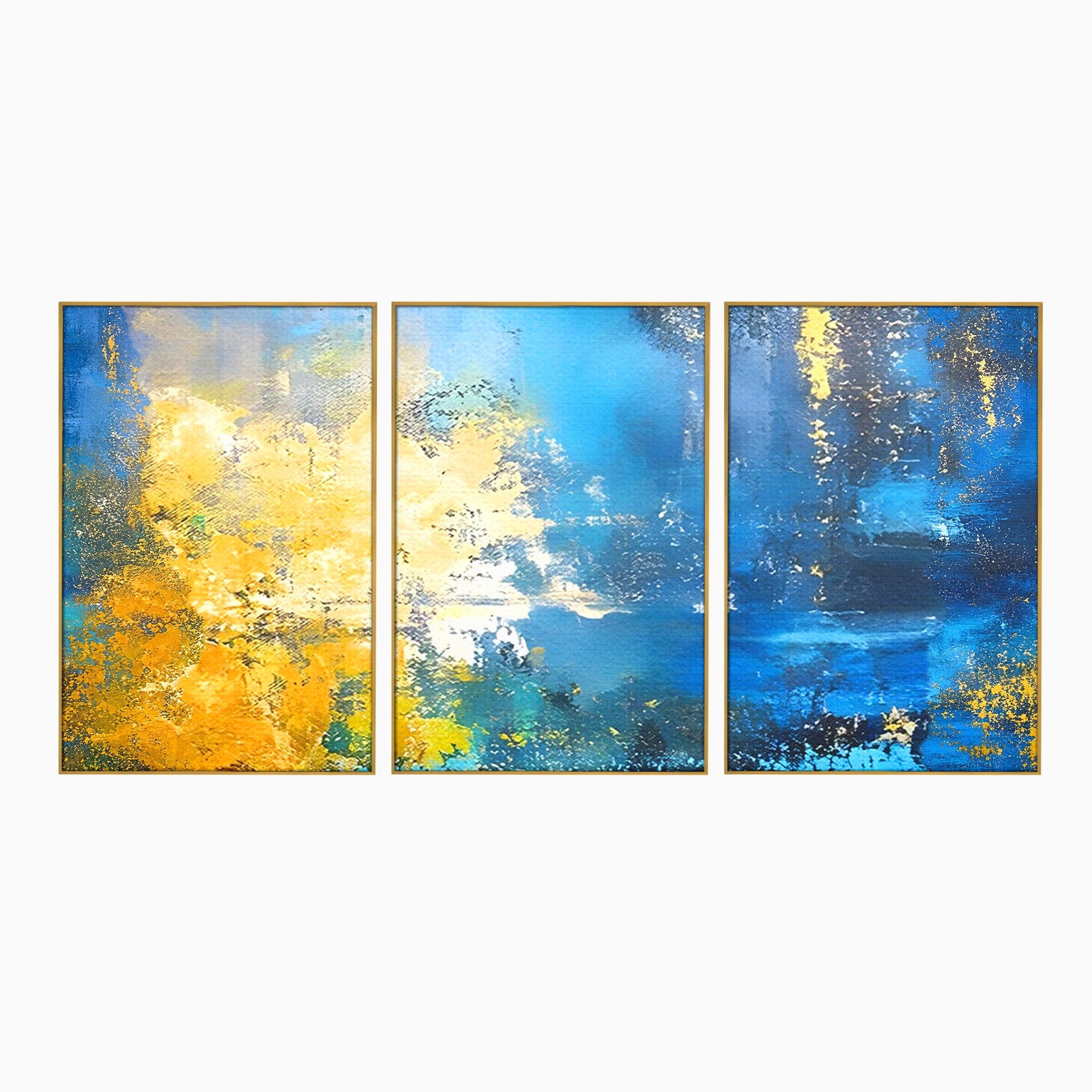 Set 3 Tablouri Canvas Premium LuxCanva® B3-1104, Mare Abstracta, Living, Liniste, Foite Aurii, Albastru, Decor, Mare, Apa, Culori Vibrante
