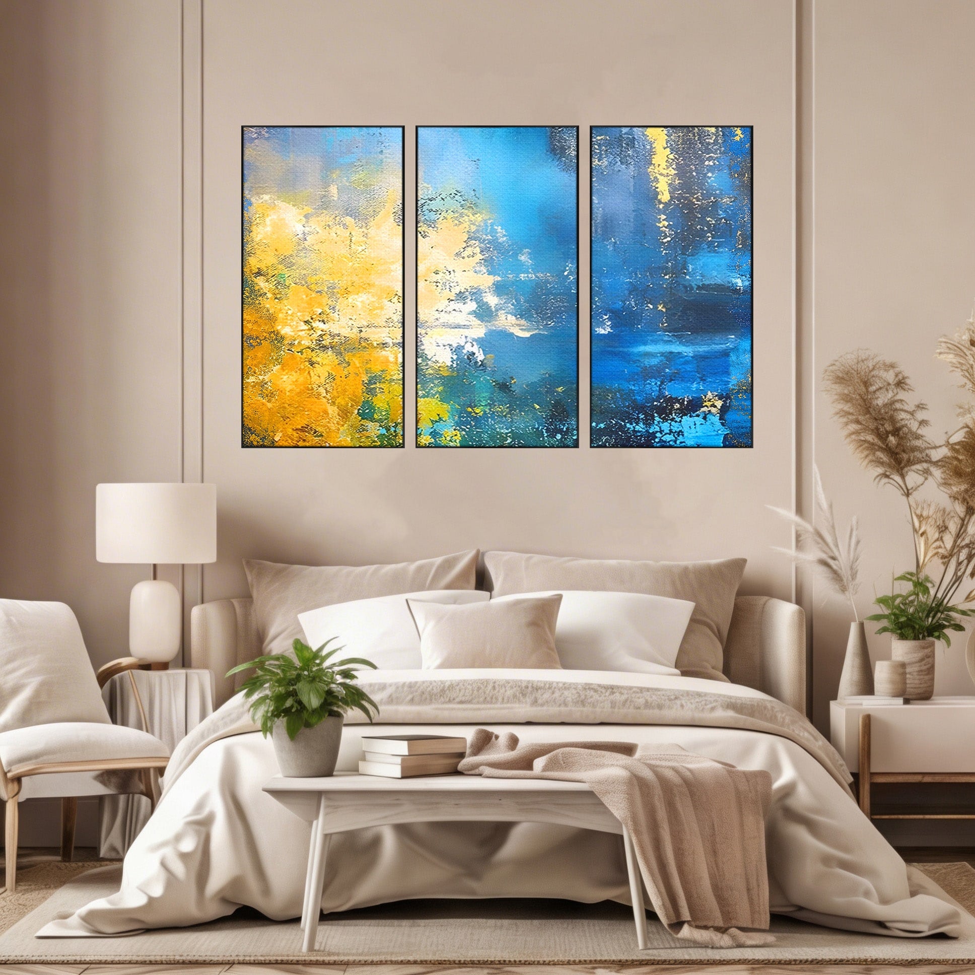 Set 3 Tablouri Canvas Premium LuxCanva® B3-1104, Mare Abstracta, Living, Liniste, Foite Aurii, Albastru, Decor, Mare, Apa, Culori Vibrante