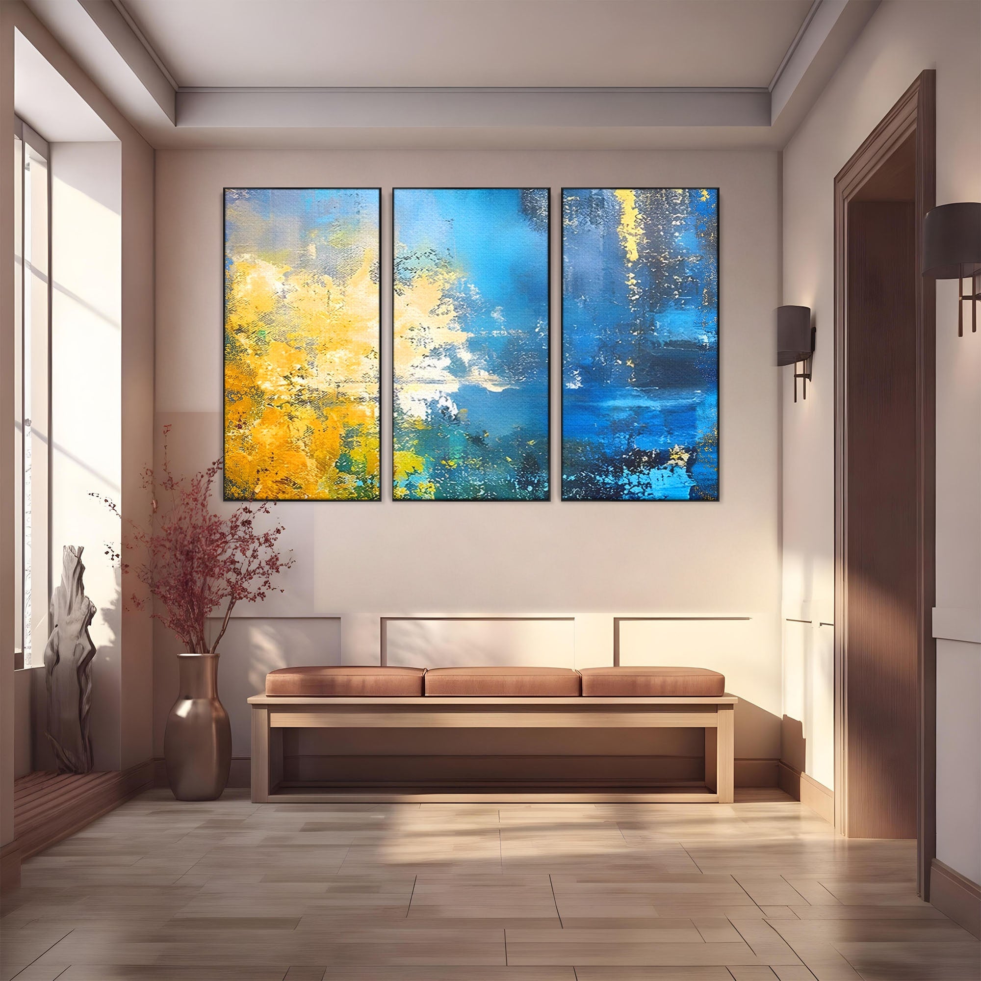 Set 3 Tablouri Canvas Premium LuxCanva® B3-1104, Mare Abstracta, Living, Liniste, Foite Aurii, Albastru, Decor, Mare, Apa, Culori Vibrante