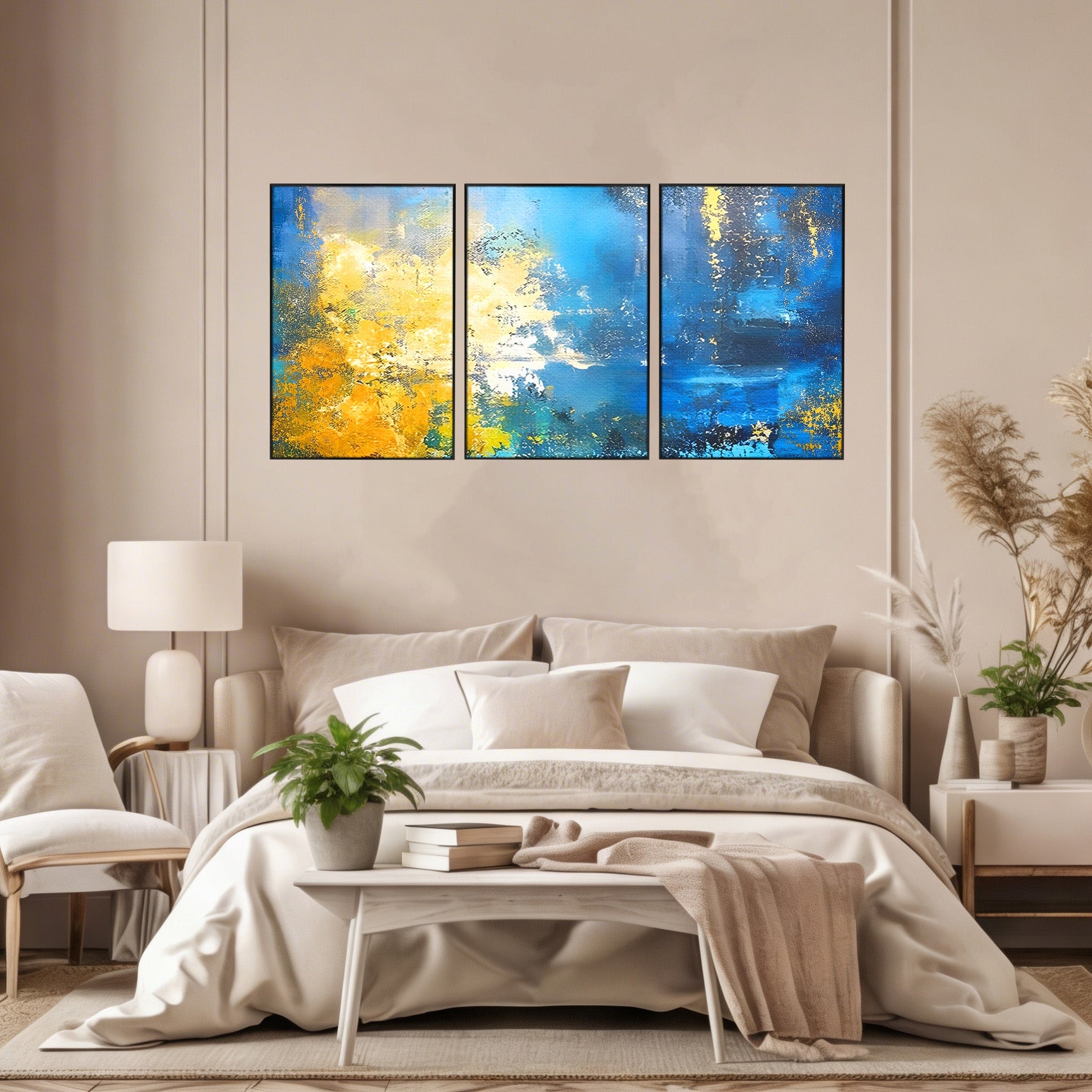 Set 3 Tablouri Canvas Premium LuxCanva® B3-1104, Mare Abstracta, Living, Liniste, Foite Aurii, Albastru, Decor, Mare, Apa, Culori Vibrante