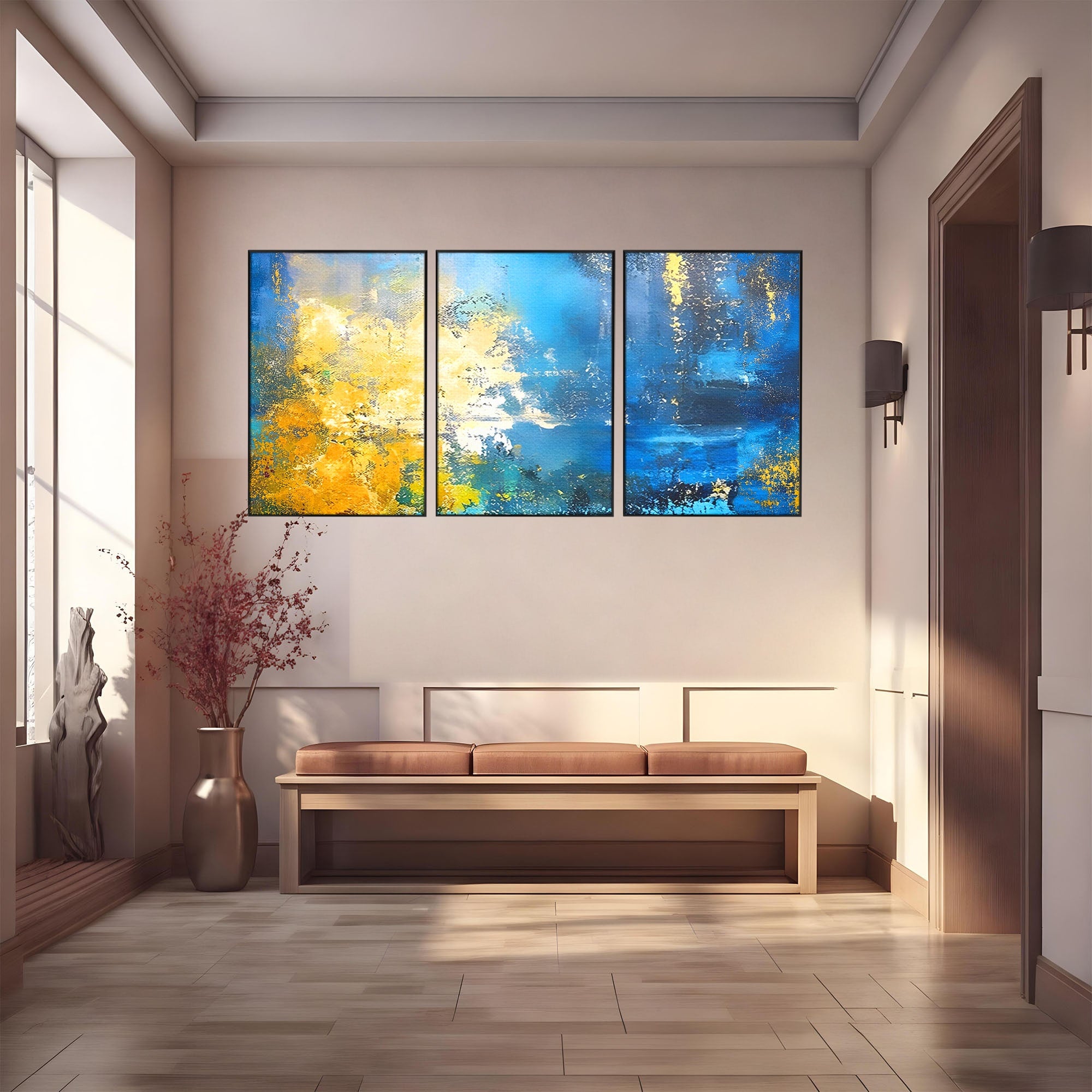 Set 3 Tablouri Canvas Premium LuxCanva® B3-1104, Mare Abstracta, Living, Liniste, Foite Aurii, Albastru, Decor, Mare, Apa, Culori Vibrante