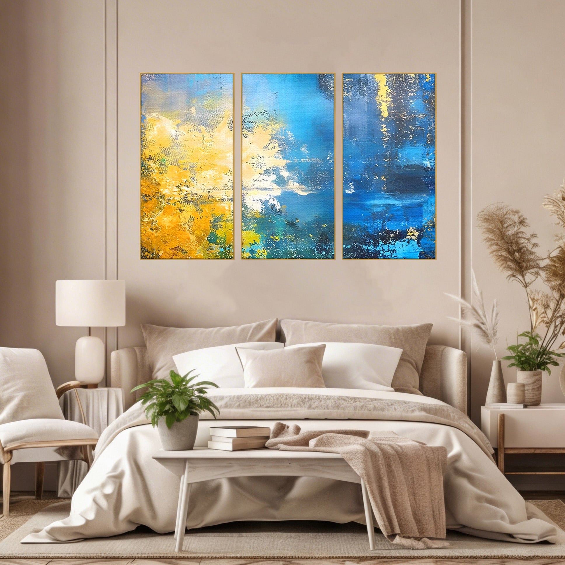 Set 3 Tablouri Canvas Premium LuxCanva® B3-1104, Mare Abstracta, Living, Liniste, Foite Aurii, Albastru, Decor, Mare, Apa, Culori Vibrante