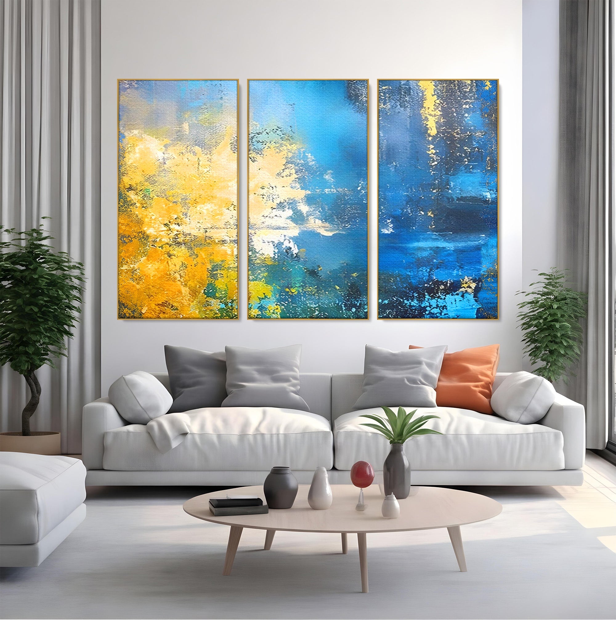 Set 3 Tablouri Canvas Premium LuxCanva® B3-1104, Mare Abstracta, Living, Liniste, Foite Aurii, Albastru, Decor, Mare, Apa, Culori Vibrante
