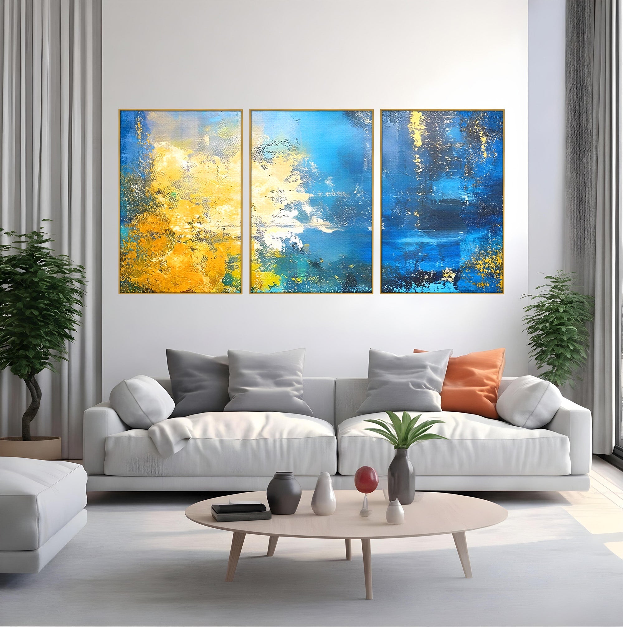 Set 3 Tablouri Canvas Premium LuxCanva® B3-1104, Mare Abstracta, Living, Liniste, Foite Aurii, Albastru, Decor, Mare, Apa, Culori Vibrante