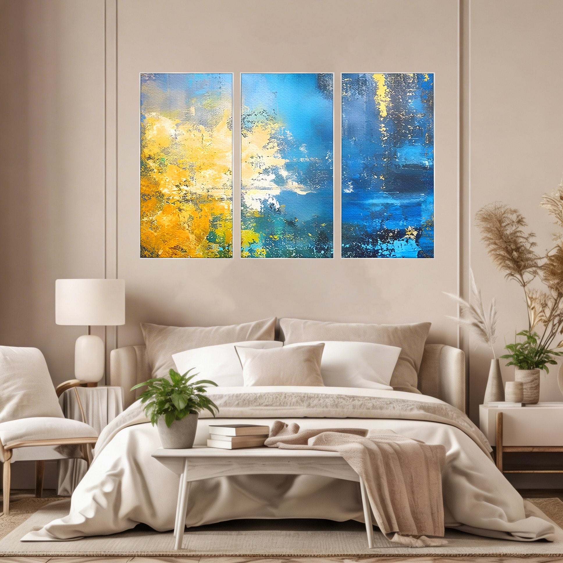 Set 3 Tablouri Canvas Premium LuxCanva® B3-1104, Mare Abstracta, Living, Liniste, Foite Aurii, Albastru, Decor, Mare, Apa, Culori Vibrante