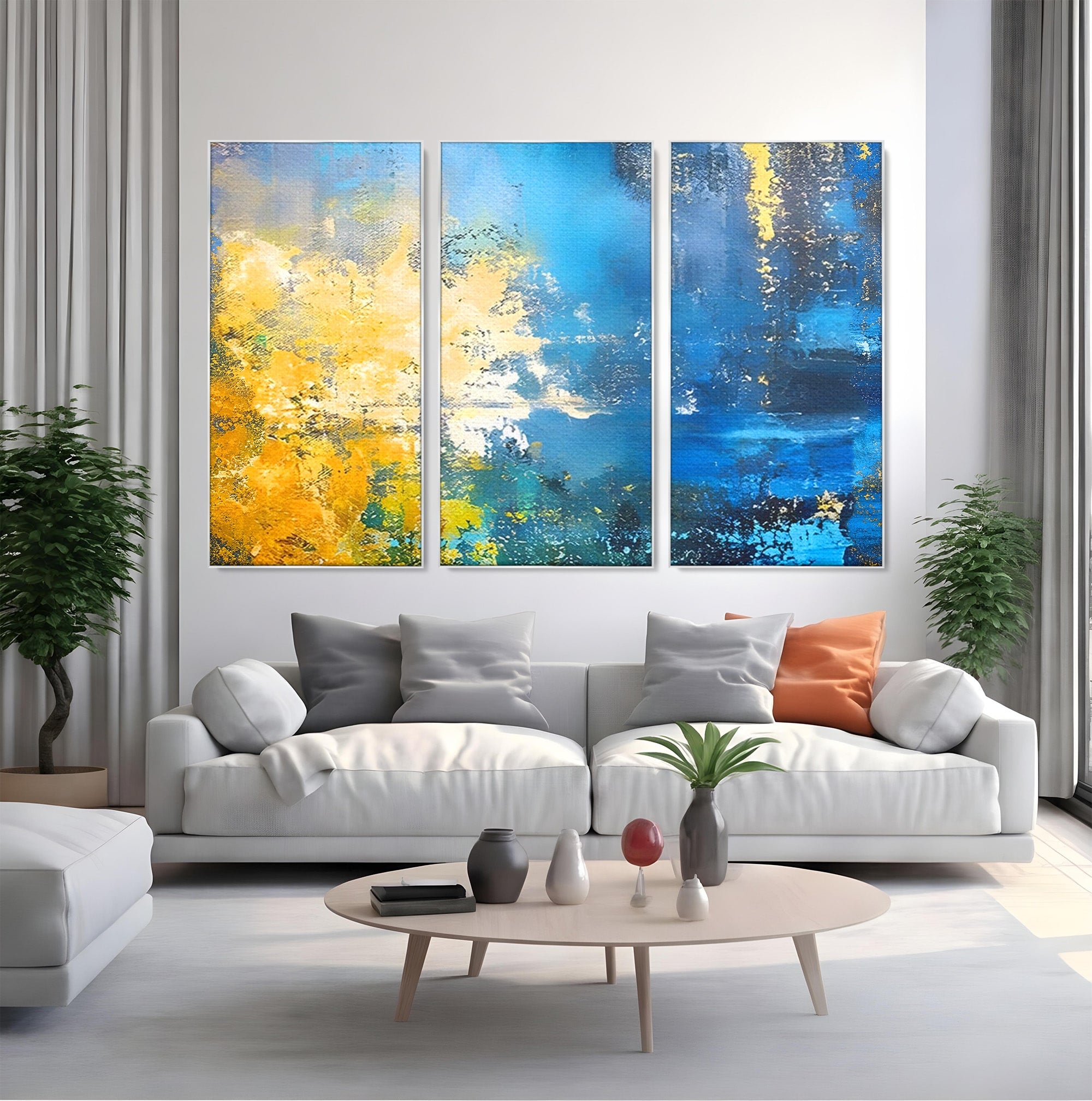 Set 3 Tablouri Canvas Premium LuxCanva® B3-1104, Mare Abstracta, Living, Liniste, Foite Aurii, Albastru, Decor, Mare, Apa, Culori Vibrante