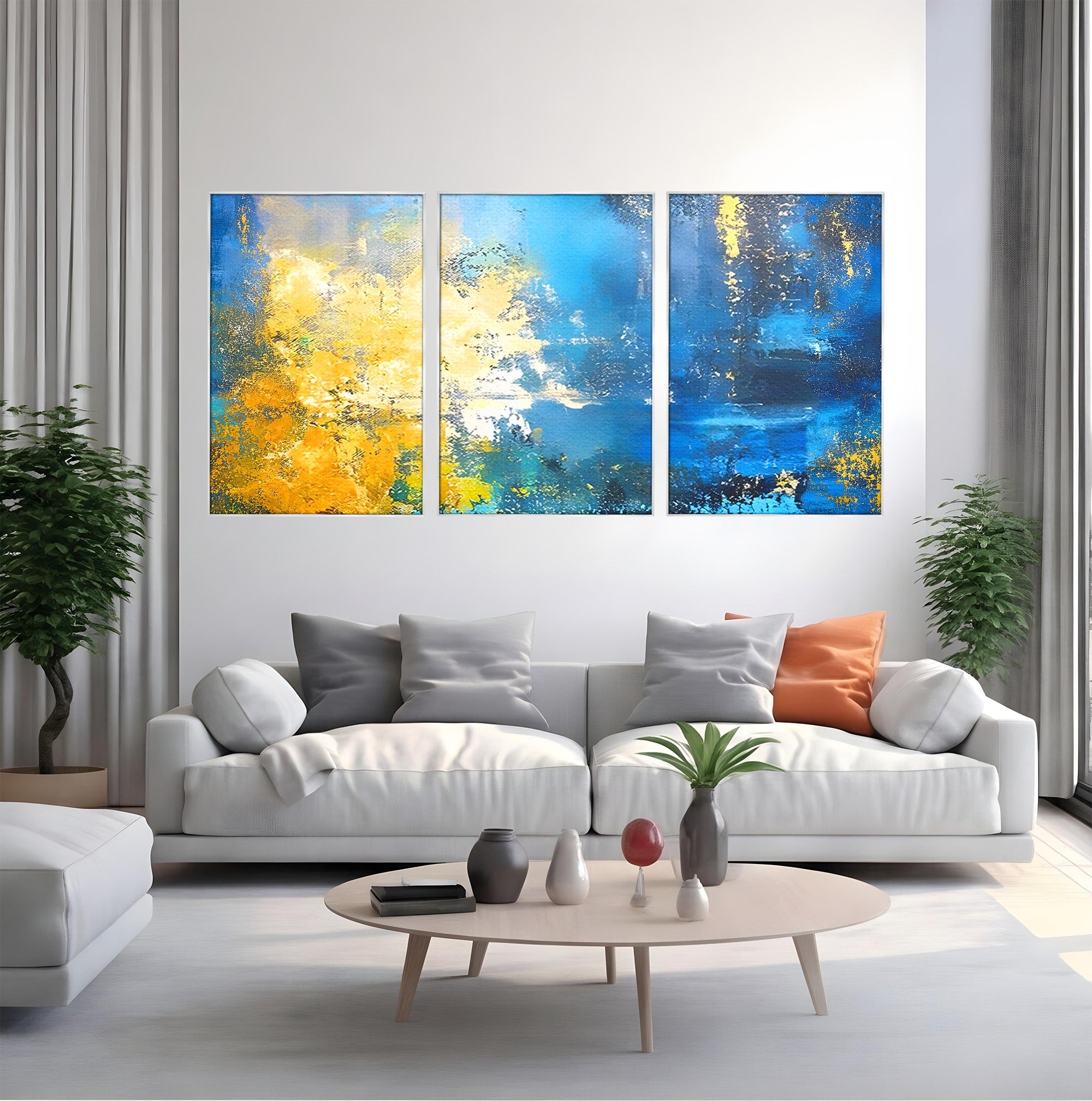 Set 3 Tablouri Canvas Premium LuxCanva® B3-1104, Mare Abstracta, Living, Liniste, Foite Aurii, Albastru, Decor, Mare, Apa, Culori Vibrante