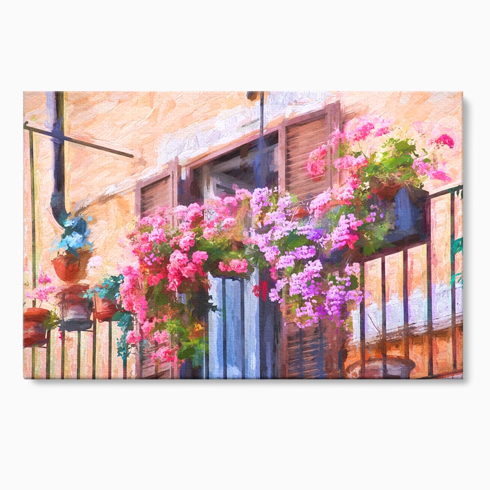 Tablou Canvas Premium LuxCanva® C1005, Balcon Cu Flori , Living, Strada, Vacanta, Flori, Balcon, Culori Vibrante