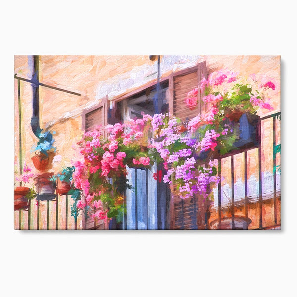 Tablou Canvas Premium LuxCanva® C1005, Balcon Cu Flori , Living, Strada, Vacanta, Flori, Balcon, Culori Vibrante