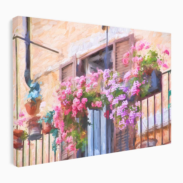 Tablou Canvas Premium LuxCanva® C1005, Balcon Cu Flori , Living, Strada, Vacanta, Flori, Balcon, Culori Vibrante