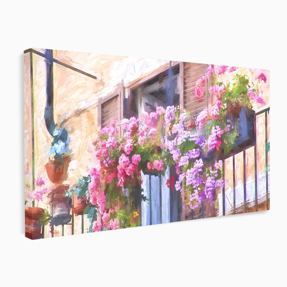 Tablou Canvas Premium LuxCanva® C1005, Balcon Cu Flori , Living, Strada, Vacanta, Flori, Balcon, Culori Vibrante