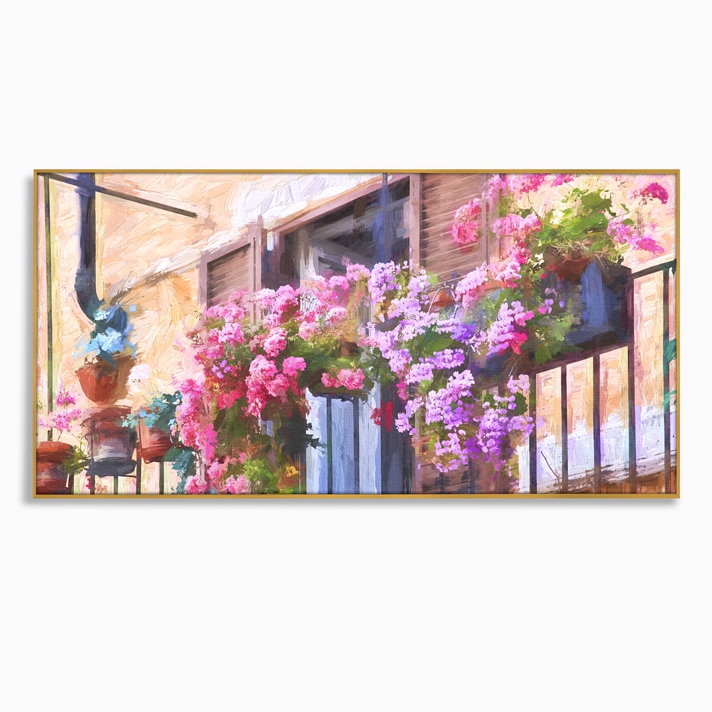 Tablou Canvas Premium LuxCanva® C1005, Balcon Cu Flori , Living, Strada, Vacanta, Flori, Balcon, Culori Vibrante