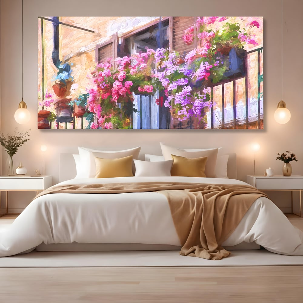 Tablou Canvas Premium LuxCanva® C1005, Balcon Cu Flori , Living, Strada, Vacanta, Flori, Balcon, Culori Vibrante