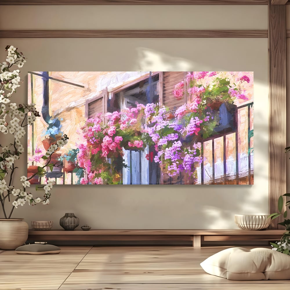 Tablou Canvas Premium LuxCanva® C1005, Balcon Cu Flori , Living, Strada, Vacanta, Flori, Balcon, Culori Vibrante