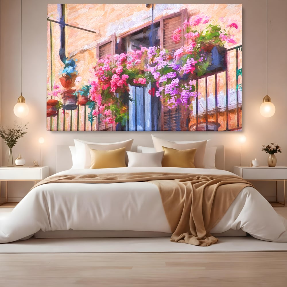 Tablou Canvas Premium LuxCanva® C1005, Balcon Cu Flori , Living, Strada, Vacanta, Flori, Balcon, Culori Vibrante