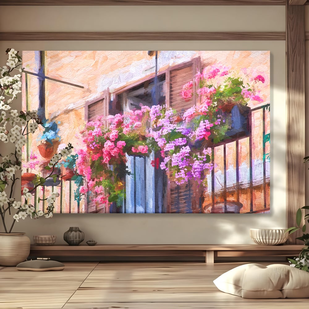 Tablou Canvas Premium LuxCanva® C1005, Balcon Cu Flori , Living, Strada, Vacanta, Flori, Balcon, Culori Vibrante