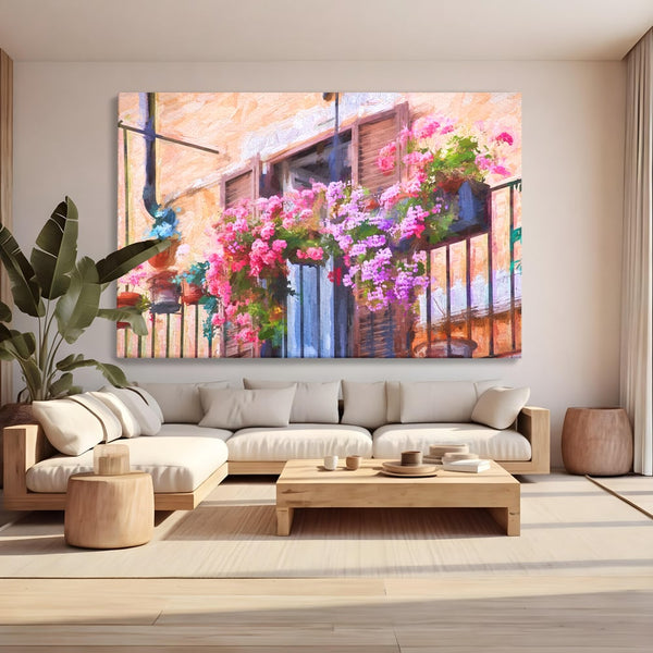 Tablou Canvas Premium LuxCanva® C1005, Balcon Cu Flori , Living, Strada, Vacanta, Flori, Balcon, Culori Vibrante