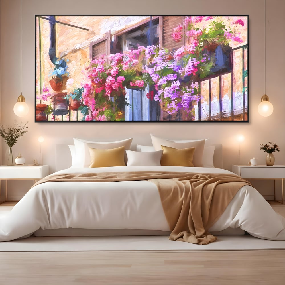 Tablou Canvas Premium LuxCanva® C1005, Balcon Cu Flori , Living, Strada, Vacanta, Flori, Balcon, Culori Vibrante