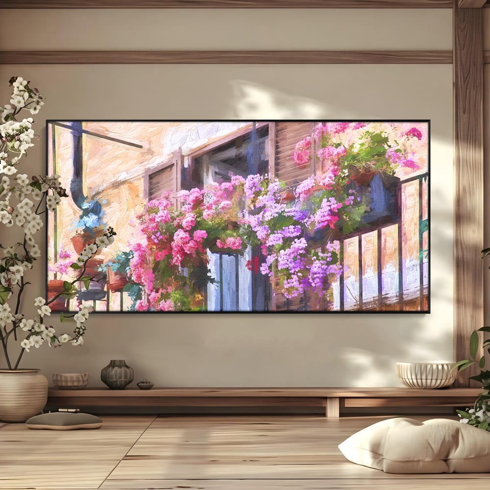 Tablou Canvas Premium LuxCanva® C1005, Balcon Cu Flori , Living, Strada, Vacanta, Flori, Balcon, Culori Vibrante