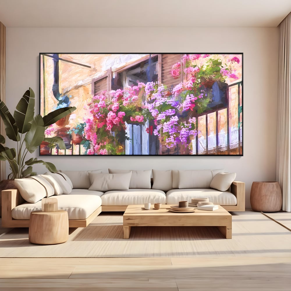 Tablou Canvas Premium LuxCanva® C1005, Balcon Cu Flori , Living, Strada, Vacanta, Flori, Balcon, Culori Vibrante