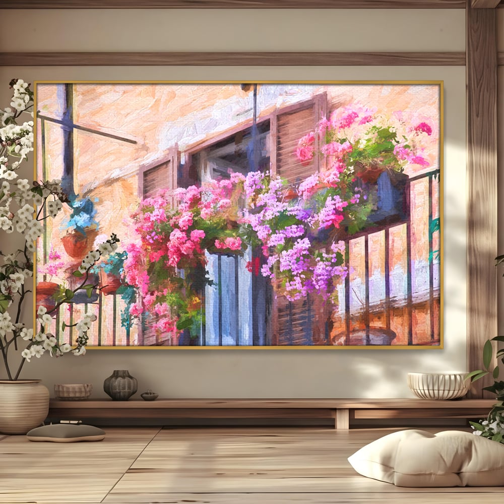 Tablou Canvas Premium LuxCanva® C1005, Balcon Cu Flori , Living, Strada, Vacanta, Flori, Balcon, Culori Vibrante