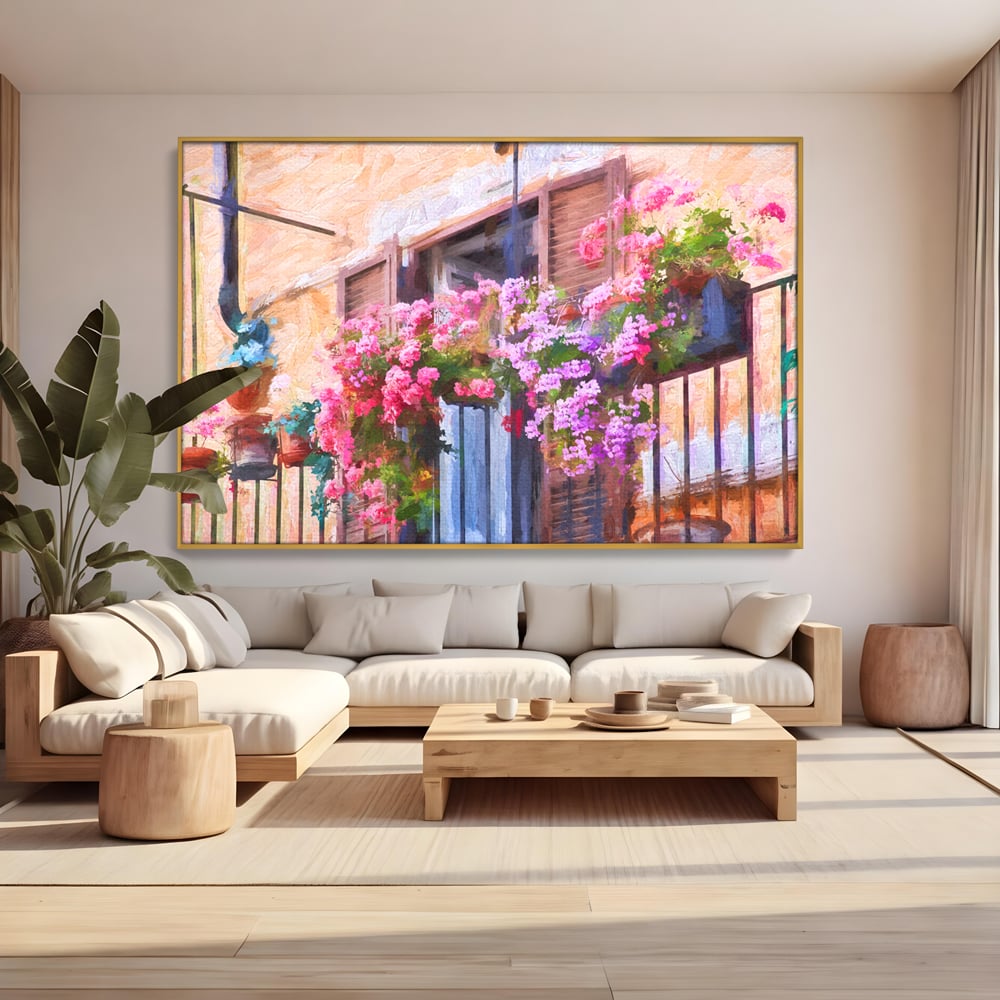 Tablou Canvas Premium LuxCanva® C1005, Balcon Cu Flori , Living, Strada, Vacanta, Flori, Balcon, Culori Vibrante