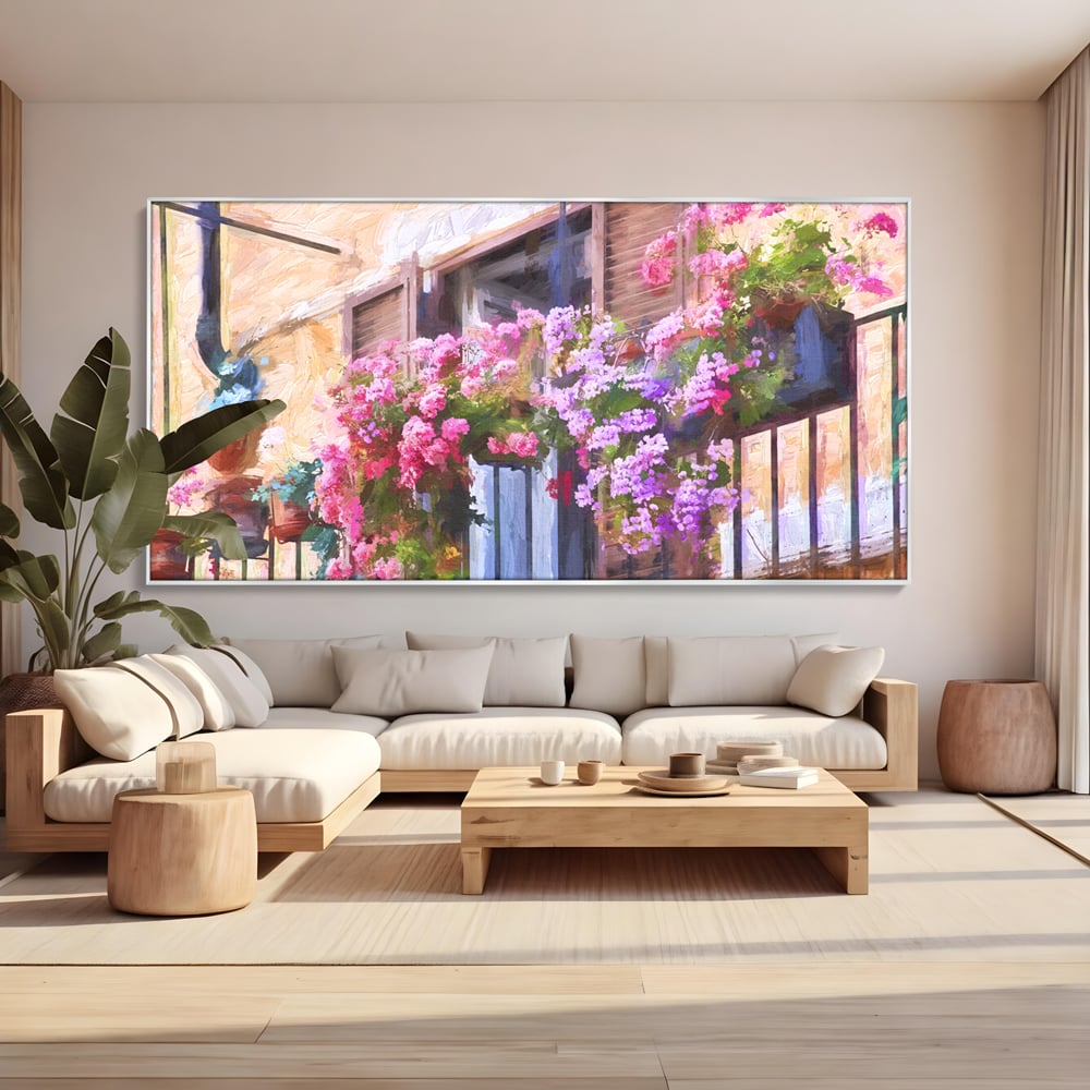 Tablou Canvas Premium LuxCanva® C1005, Balcon Cu Flori , Living, Strada, Vacanta, Flori, Balcon, Culori Vibrante