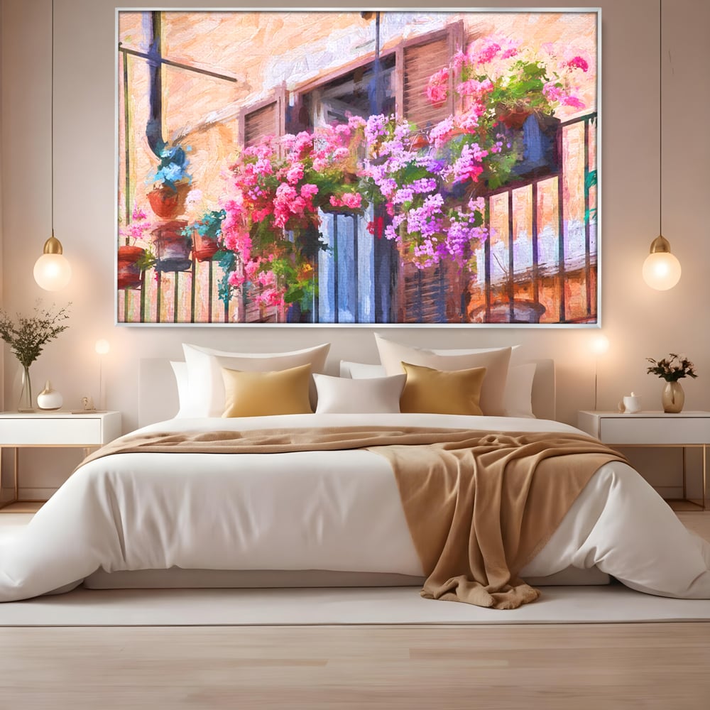 Tablou Canvas Premium LuxCanva® C1005, Balcon Cu Flori , Living, Strada, Vacanta, Flori, Balcon, Culori Vibrante