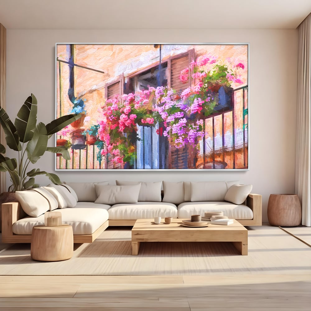 Tablou Canvas Premium LuxCanva® C1005, Balcon Cu Flori , Living, Strada, Vacanta, Flori, Balcon, Culori Vibrante