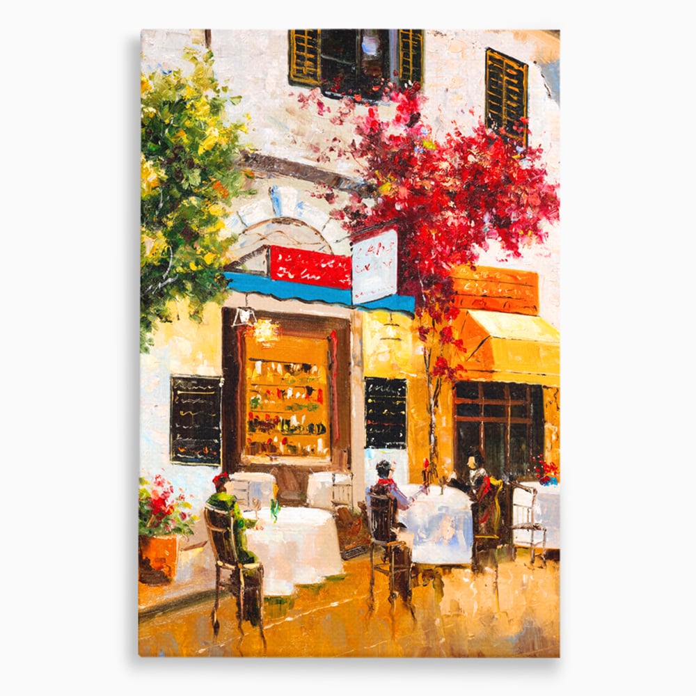 Tablou Canvas Premium LuxCanva® C1006, Terasa , Living, Strada, Vacanta, Cafea, Primavara, Relaxare, Culori Vibrante