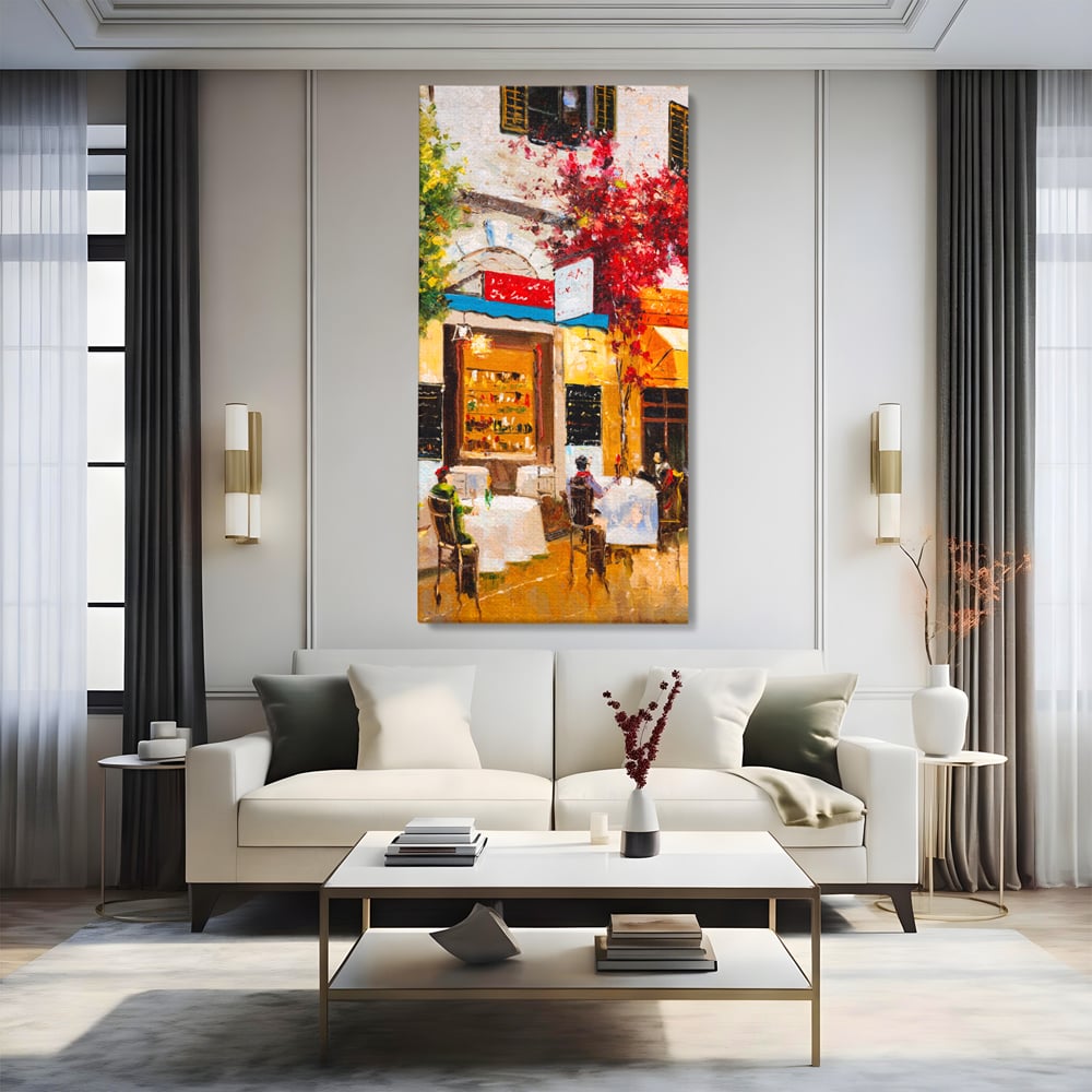Tablou Canvas Premium LuxCanva® C1006, Terasa , Living, Strada, Vacanta, Cafea, Primavara, Relaxare, Culori Vibrante