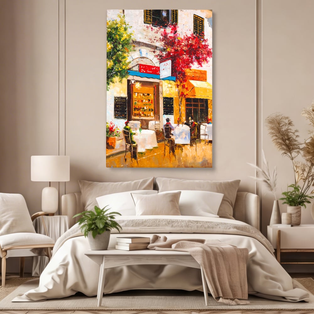Tablou Canvas Premium LuxCanva® C1006, Terasa , Living, Strada, Vacanta, Cafea, Primavara, Relaxare, Culori Vibrante