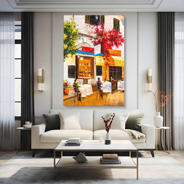 Tablou Canvas Premium LuxCanva® C1006, Terasa , Living, Strada, Vacanta, Cafea, Primavara, Relaxare, Culori Vibrante