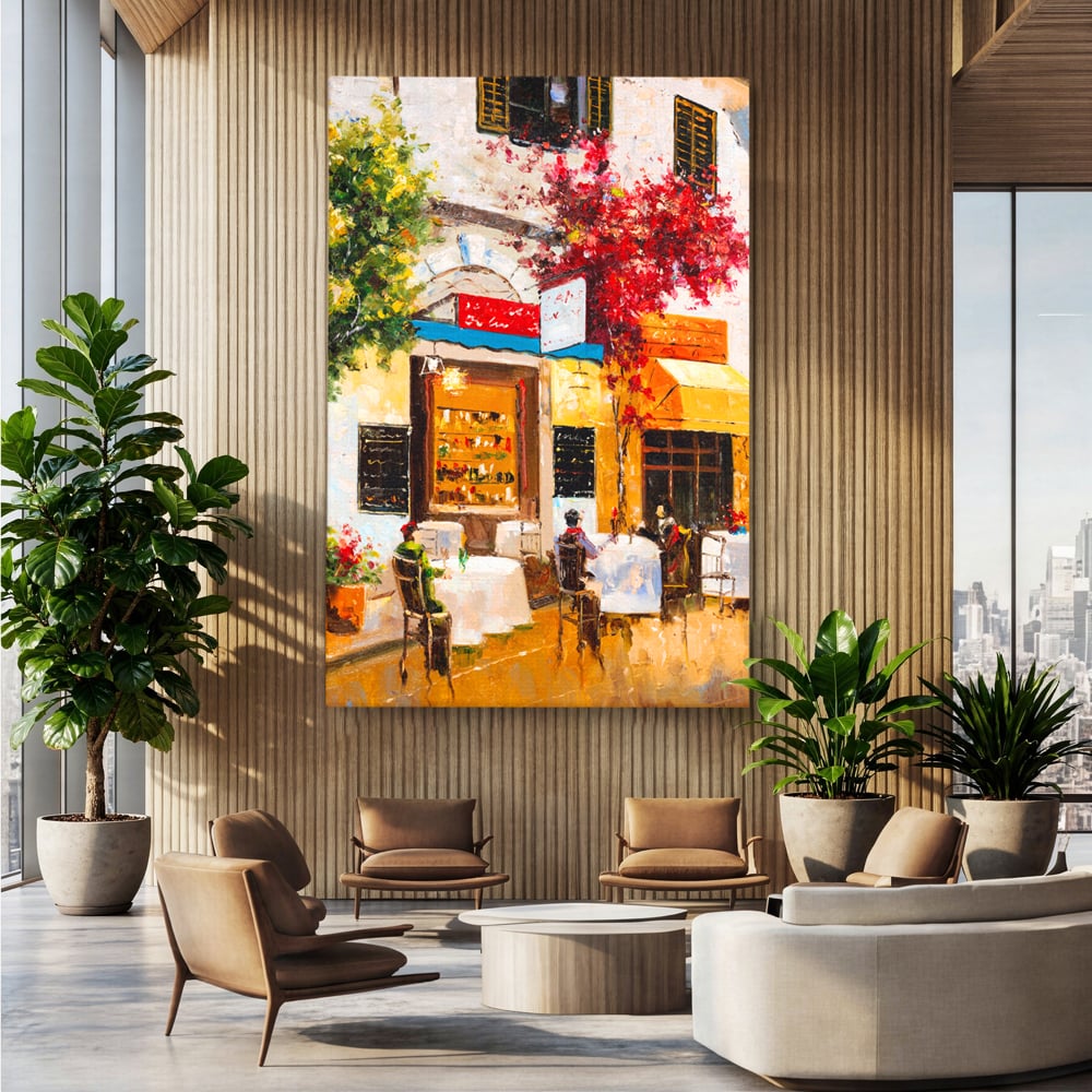 Tablou Canvas Premium LuxCanva® C1006, Terasa , Living, Strada, Vacanta, Cafea, Primavara, Relaxare, Culori Vibrante
