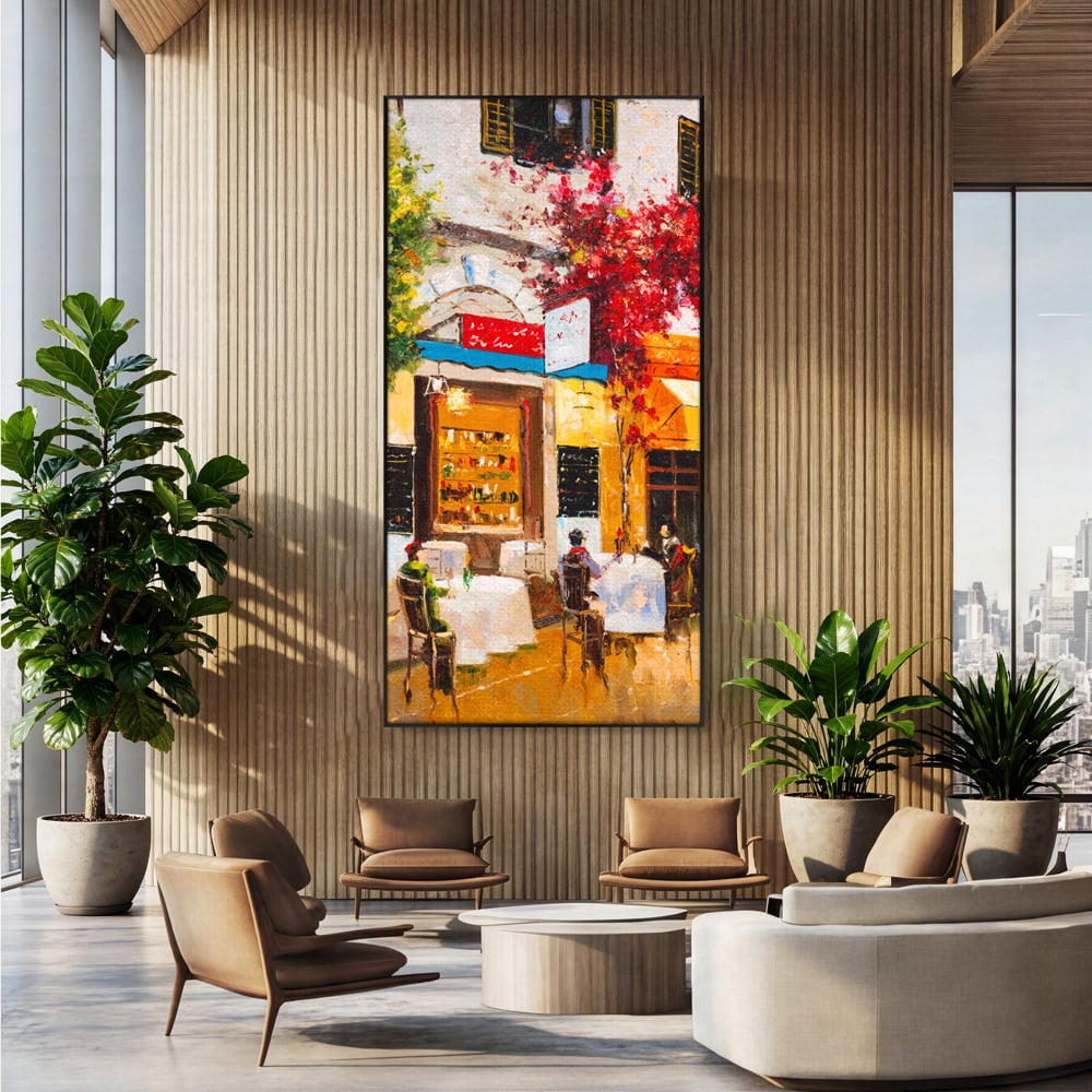 Tablou Canvas Premium LuxCanva® C1006, Terasa , Living, Strada, Vacanta, Cafea, Primavara, Relaxare, Culori Vibrante