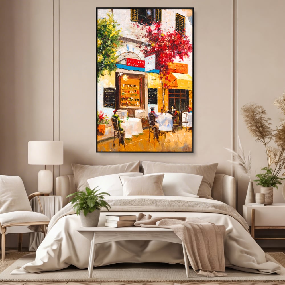 Tablou Canvas Premium LuxCanva® C1006, Terasa , Living, Strada, Vacanta, Cafea, Primavara, Relaxare, Culori Vibrante