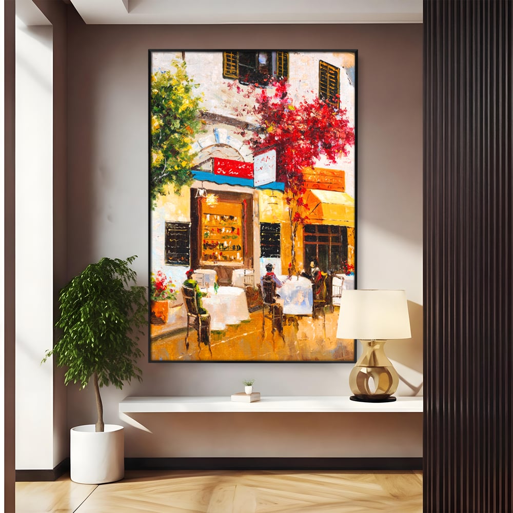 Tablou Canvas Premium LuxCanva® C1006, Terasa , Living, Strada, Vacanta, Cafea, Primavara, Relaxare, Culori Vibrante