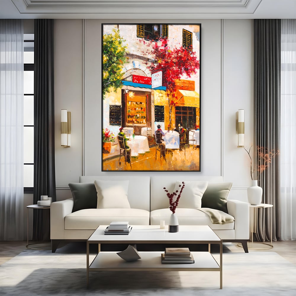 Tablou Canvas Premium LuxCanva® C1006, Terasa , Living, Strada, Vacanta, Cafea, Primavara, Relaxare, Culori Vibrante
