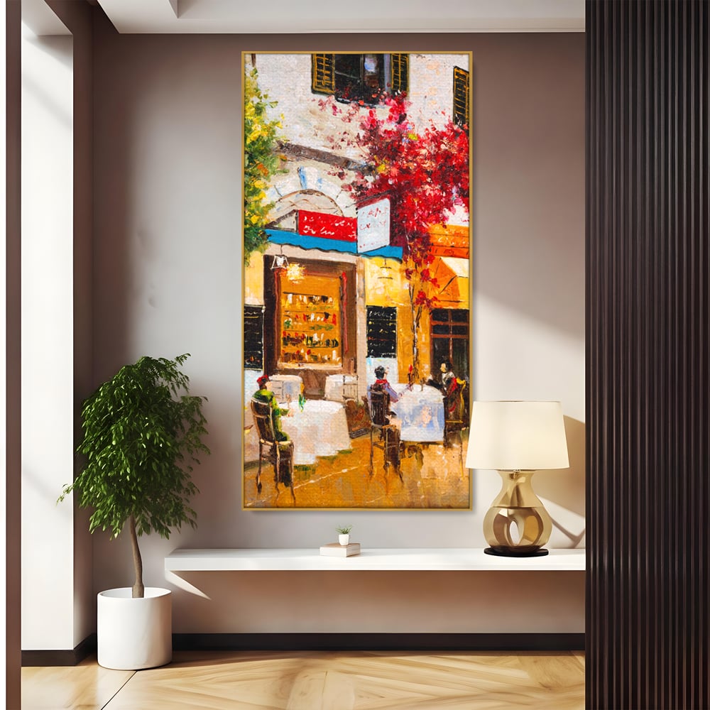 Tablou Canvas Premium LuxCanva® C1006, Terasa , Living, Strada, Vacanta, Cafea, Primavara, Relaxare, Culori Vibrante