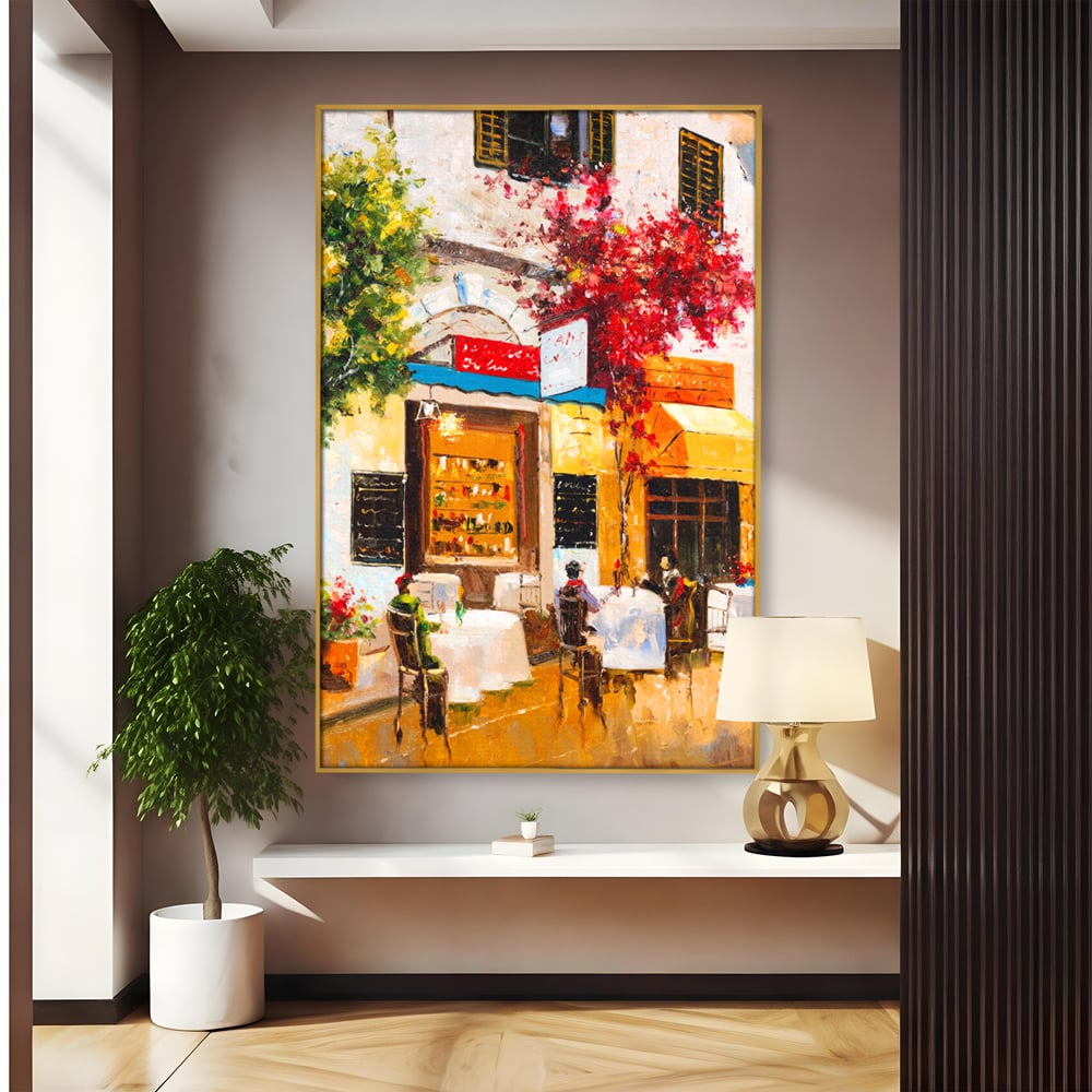 Tablou Canvas Premium LuxCanva® C1006, Terasa , Living, Strada, Vacanta, Cafea, Primavara, Relaxare, Culori Vibrante