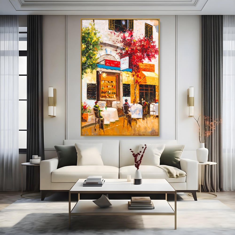 Tablou Canvas Premium LuxCanva® C1006, Terasa , Living, Strada, Vacanta, Cafea, Primavara, Relaxare, Culori Vibrante