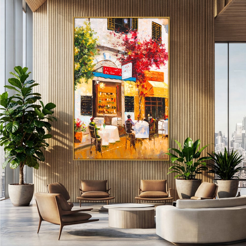 Tablou Canvas Premium LuxCanva® C1006, Terasa , Living, Strada, Vacanta, Cafea, Primavara, Relaxare, Culori Vibrante