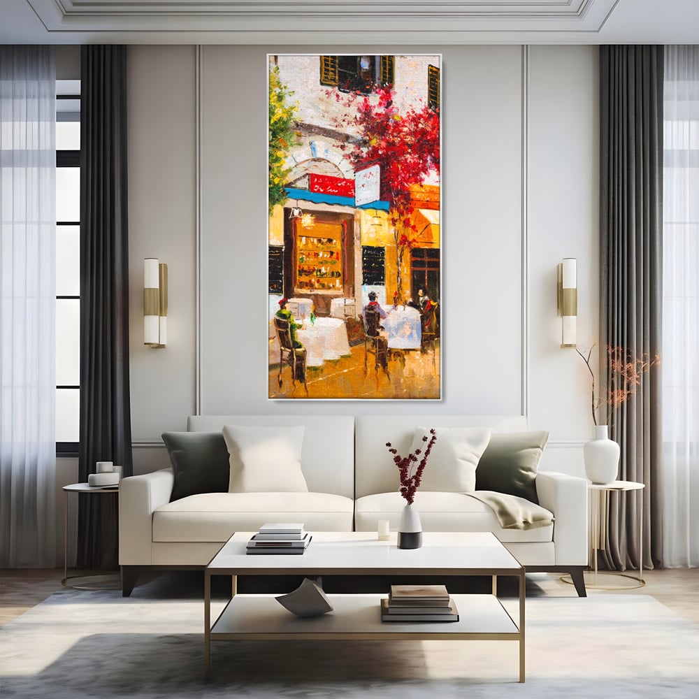Tablou Canvas Premium LuxCanva® C1006, Terasa , Living, Strada, Vacanta, Cafea, Primavara, Relaxare, Culori Vibrante