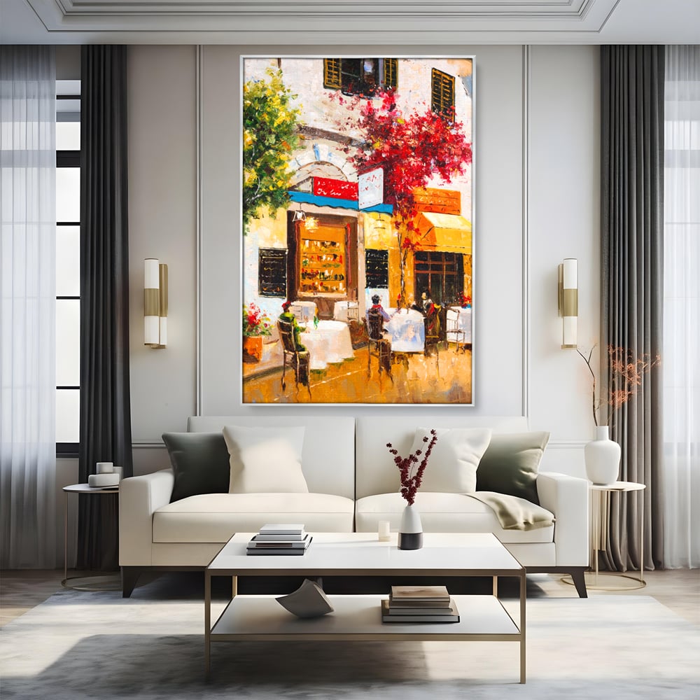 Tablou Canvas Premium LuxCanva® C1006, Terasa , Living, Strada, Vacanta, Cafea, Primavara, Relaxare, Culori Vibrante