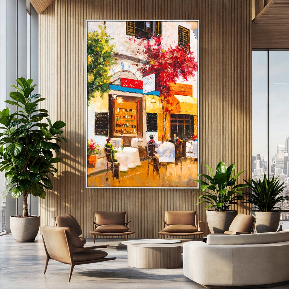 Tablou Canvas Premium LuxCanva® C1006, Terasa , Living, Strada, Vacanta, Cafea, Primavara, Relaxare, Culori Vibrante