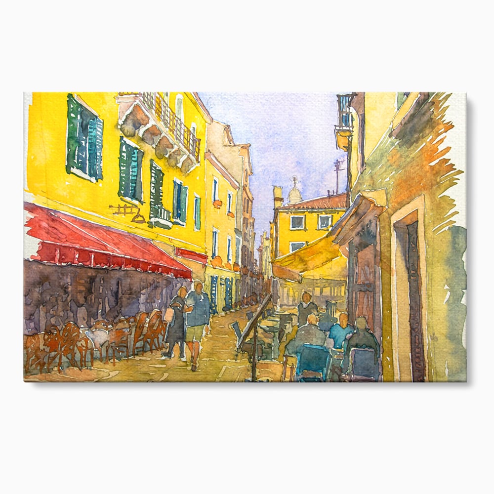 Tablou Canvas Premium LuxCanva® C1007, Terase , Living, Hol, Strada, Vacanta, Centrul Vechi, Vara, Relaxare, Culori Vibrante