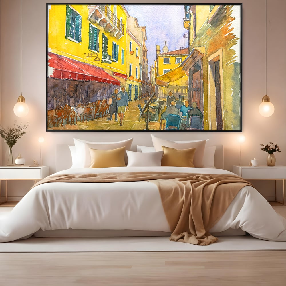 Tablou Canvas Premium LuxCanva® C1007, Terase , Living, Hol, Strada, Vacanta, Centrul Vechi, Vara, Relaxare, Culori Vibrante